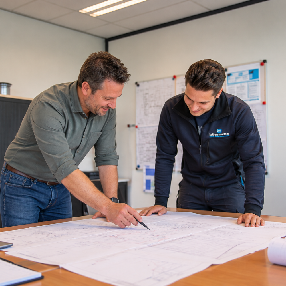 Twee medewerkers bekijken samen bouwtekeningen op kantoor