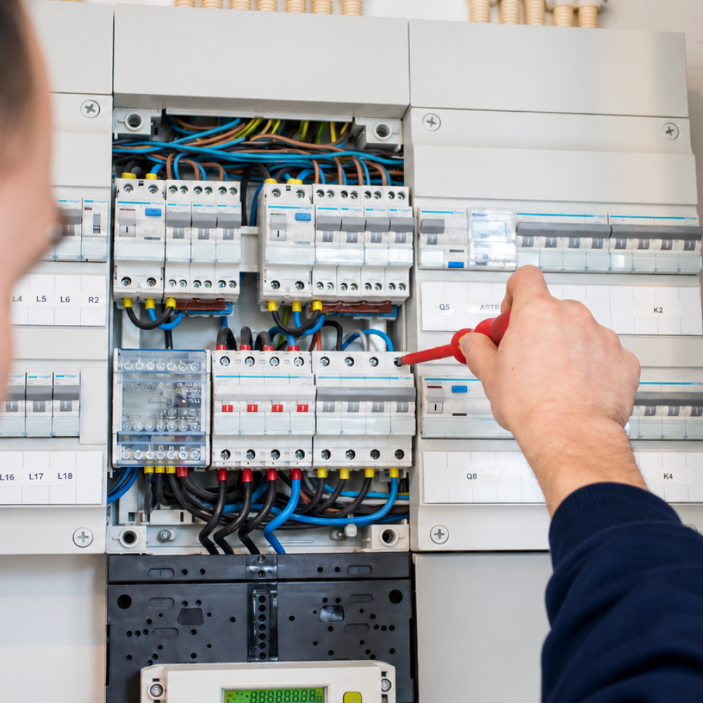 Rijen magneetschakelaars met bekabeling in een schakelkast