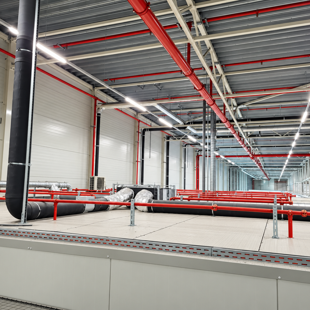Bedrijfshal met rode sprinklerleidingen en ventilatiekanalen