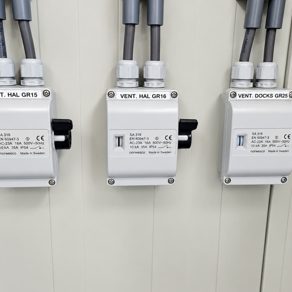 Werkschakelaars voor de ventilatie in een bedrijfshal