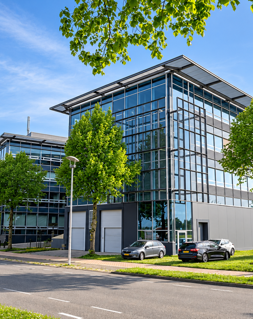 Modern kantoorgebouw met glazen gevel en bomen ervoor